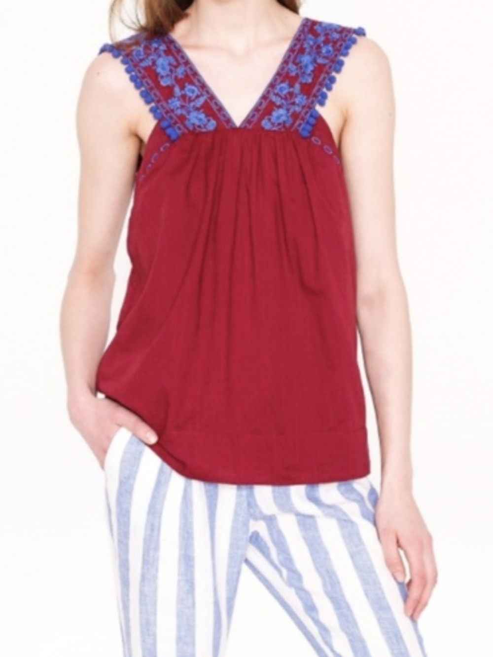 J. Crew 100% Cotton Wine Tank with Blue Embroidered Straps and Pom-Poms